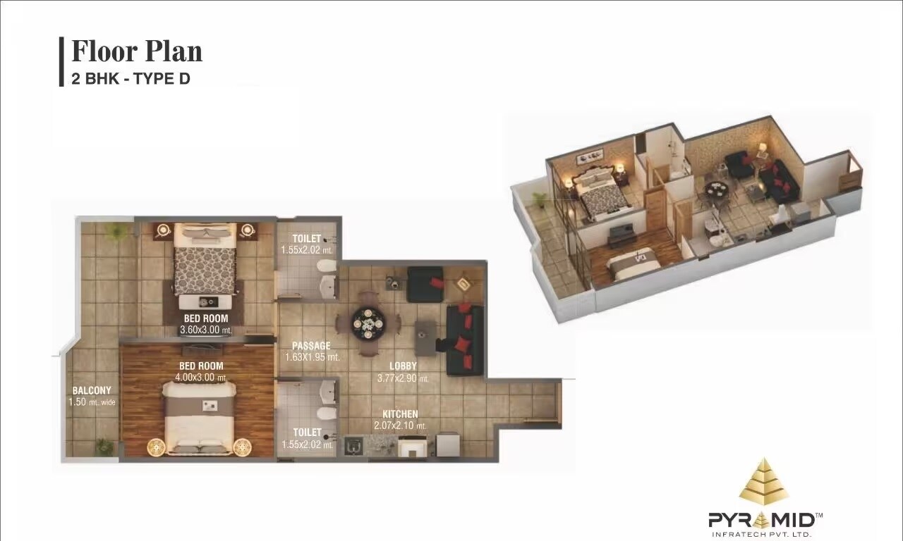 Floor plan of 2 BHK 699 Sq. Ft. Apartment in Pyramid Midtown, Gurgaon