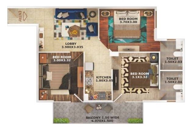 Floor plan of 3 BHK 644 Sq. Ft. Apartment in Pyramid Nest, Gurgaon