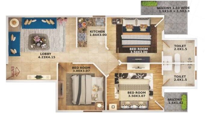 Floor plan of 3 BHK 645 Sq. Ft. Apartment in Pyramid Nest, Gurgaon