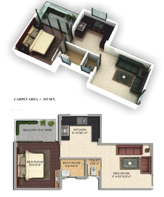Floor plan of 1 BHK 382 Sq. Ft. Apartment in Pyramid Urban Homes 2, Gurgaon