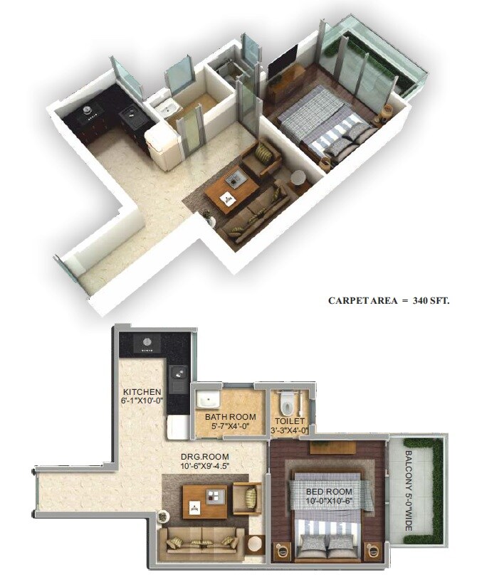 Floor plan of 1 BHK 387 Sq. Ft. Apartment in Pyramid Urban Homes 2, Gurgaon