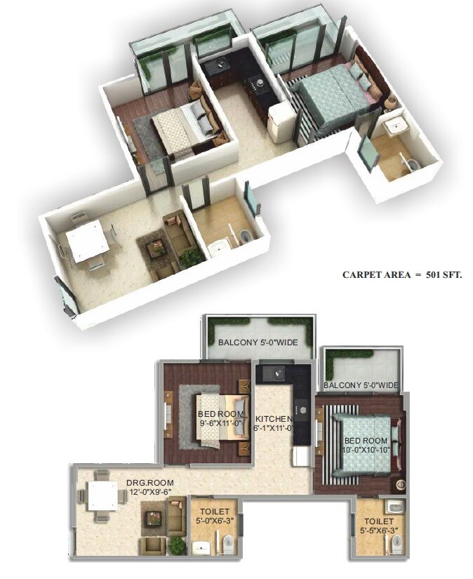 Floor plan of 2 BHK 601 Sq. Ft. Apartment in Pyramid Urban Homes 2, Gurgaon