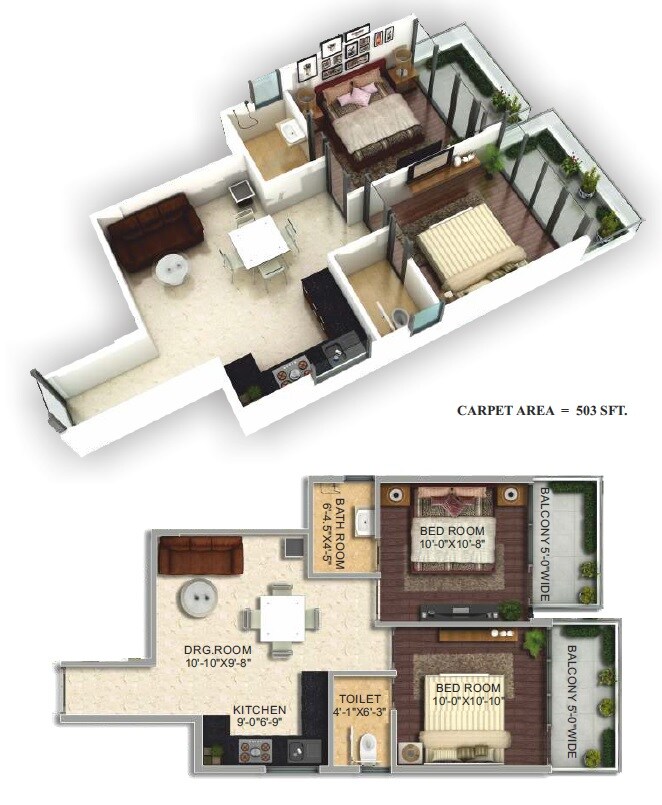 Floor plan of 2 BHK 603 Sq. Ft. Apartment in Pyramid Urban Homes 2, Gurgaon