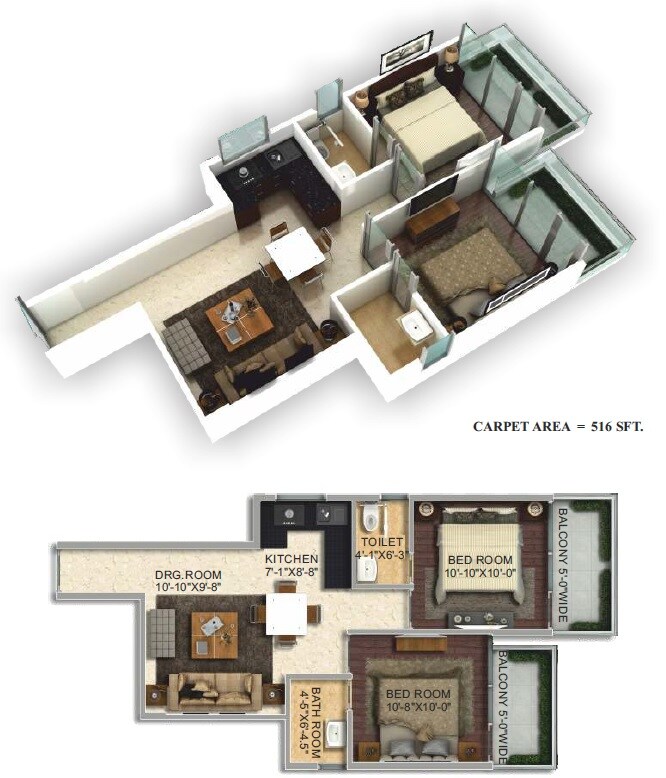 Floor plan of 2 BHK 616 Sq. Ft. Apartment in Pyramid Urban Homes 2, Gurgaon
