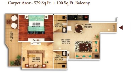 Floor plan of 2 BHK 679 Sq. Ft. Apartment in Pyramid Urban Homes 3, Gurgaon