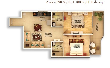 Floor plan of 2 BHK 698 Sq. Ft. Apartment in Pyramid Urban Homes 3, Gurgaon