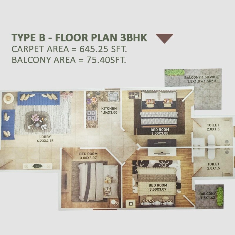 Floor plan of 3 BHK 720 Sq. Ft. Apartment in Pyramid Urban Homes Phase 2 Extension, Gurgaon