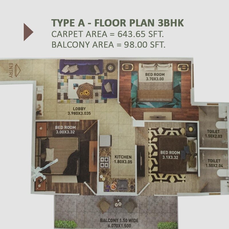 Floor plan of 3 BHK 742 Sq. Ft. Apartment in Pyramid Urban Homes Phase 2 Extension, Gurgaon