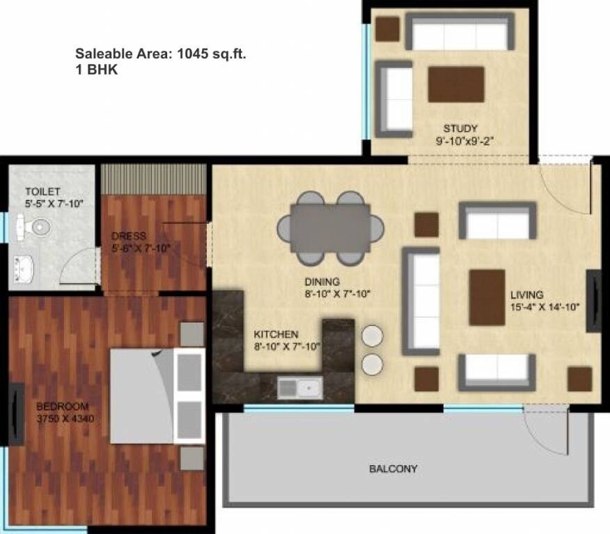 Floor plan of 1 BHK 1045 Sq. Ft. Apartment in Raheja Atharva, Gurgaon