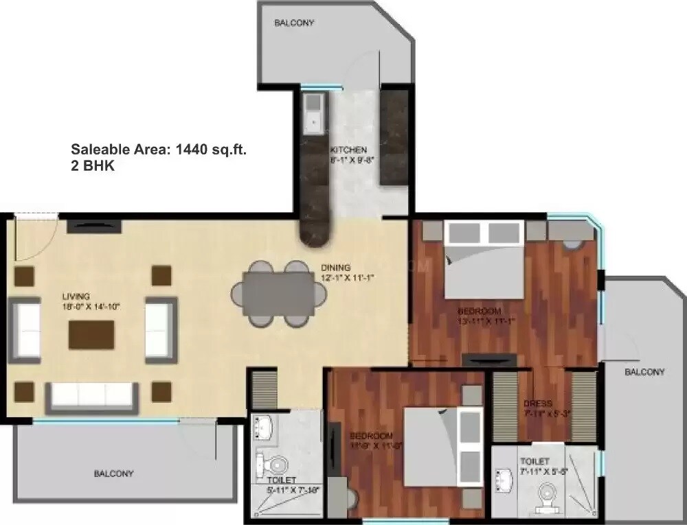 Floor plan of 2 BHK 1440 Sq. Ft. Apartment in Raheja Atharva, Gurgaon