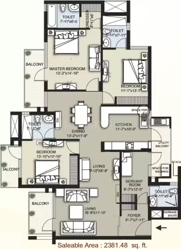 Floor plan of 3 BHK 2381 Sq. Ft. Apartment in Raheja Atharva, Gurgaon