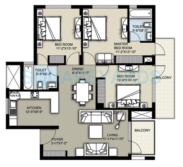 Floor plan of 3 BHK 1640 Sq. Ft. Apartment in Raheja Atharva, Gurgaon