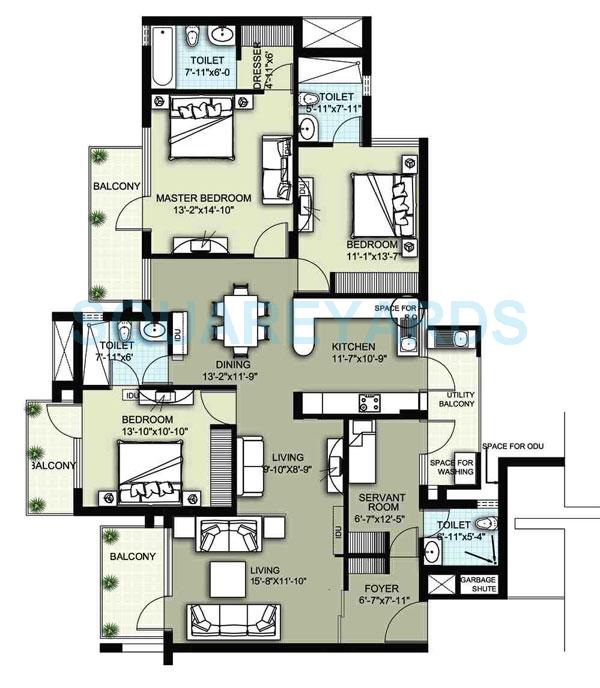 Floor plan of 3 BHK 2251 Sq. Ft. Apartment in Raheja Atharva, Gurgaon