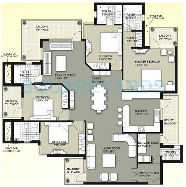 Floor plan of 4 BHK 2990 Sq. Ft. Apartment in Raheja Atharva, Gurgaon