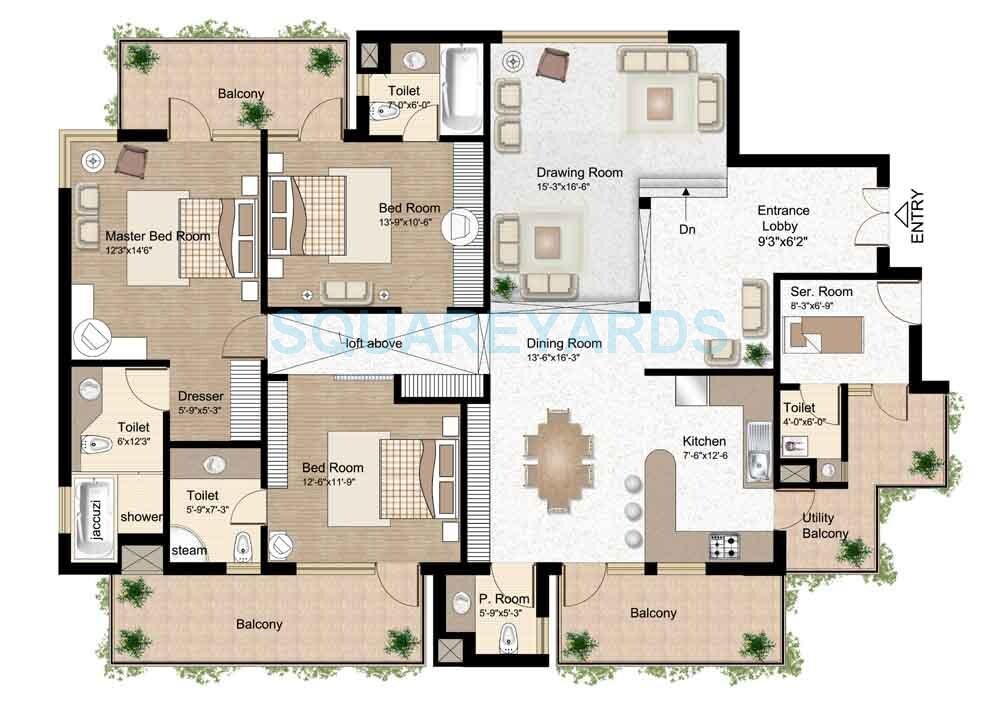 Floor plan of 3 BHK 2311 Sq. Ft. Apartment in Raheja Atlantis, Gurgaon