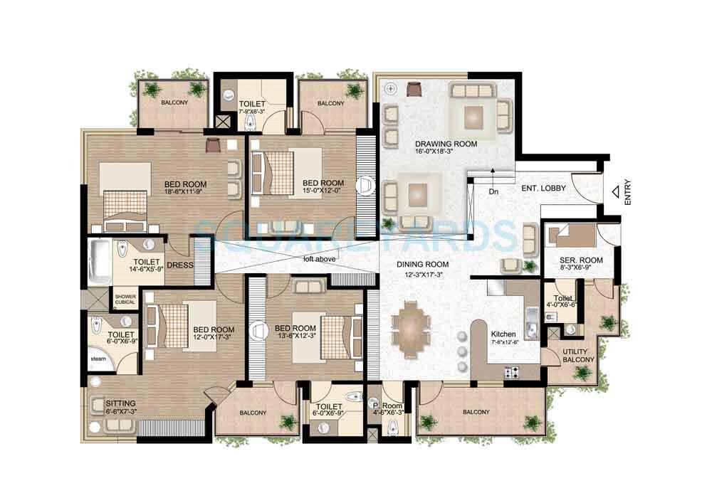 Floor plan of 4 BHK 2944 Sq. Ft. Apartment in Raheja Atlantis, Gurgaon