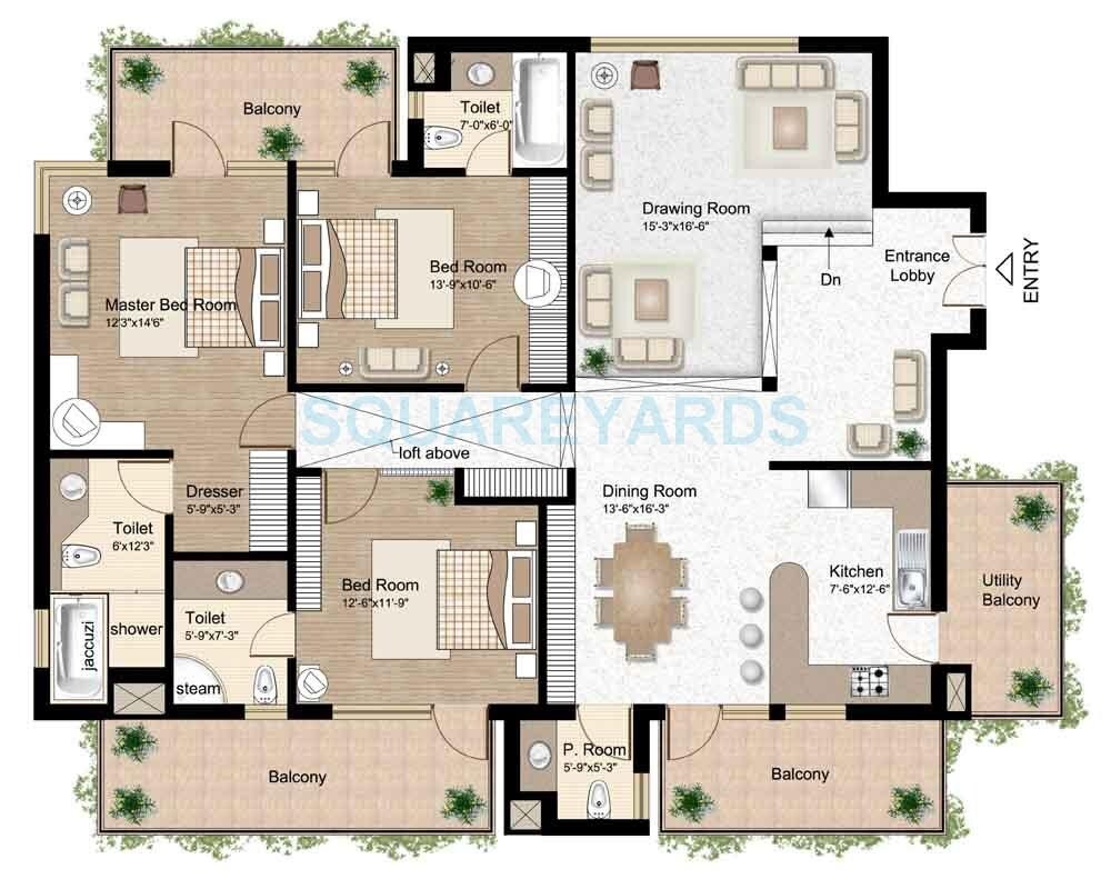 Floor plan of 3 BHK 2168 Sq. Ft. Apartment in Raheja Atlantis II, Gurgaon