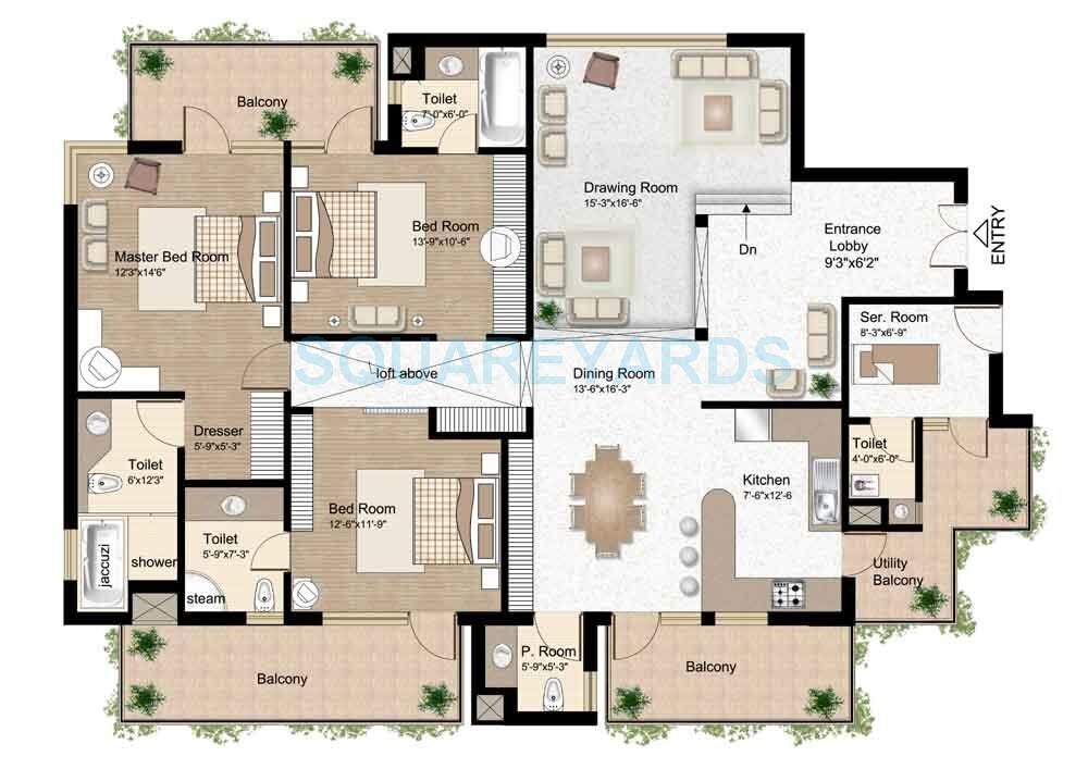 Floor plan of 3 BHK 2311 Sq. Ft. Apartment in Raheja Atlantis II, Gurgaon