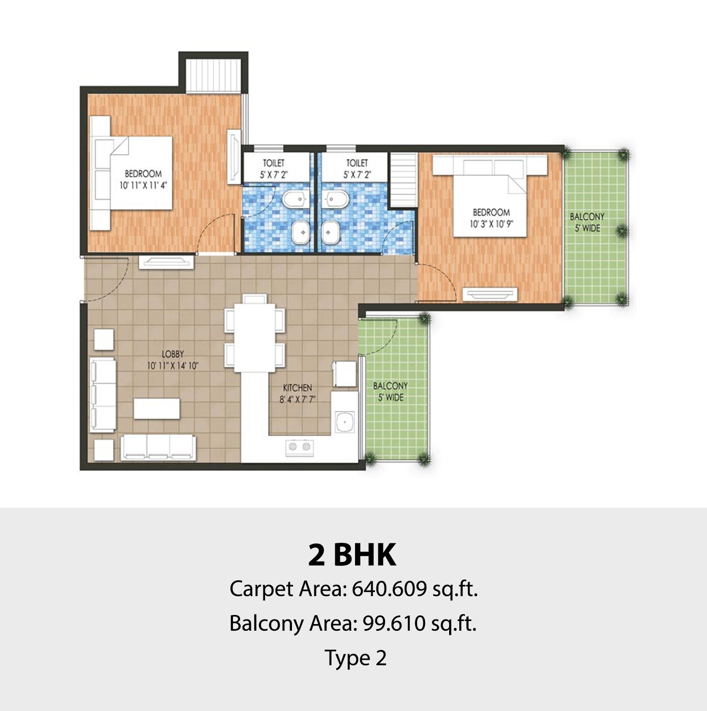 2 BHK 740 Sq. Ft. Apartment