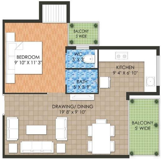 Floor plan of 1 BHK 426 Sq. Ft. Apartment in Raheja Krishna Housing Scheme, Gurgaon