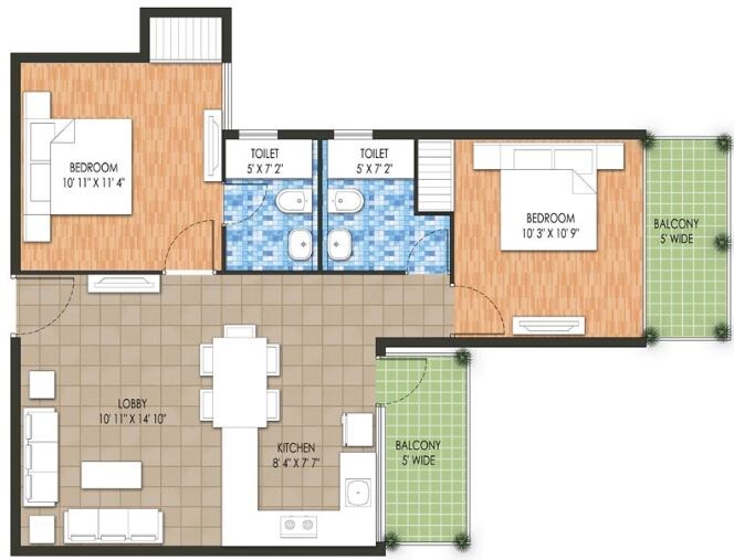 Floor plan of 2 BHK 640 Sq. Ft. Apartment in Raheja Krishna Housing Scheme, Gurgaon