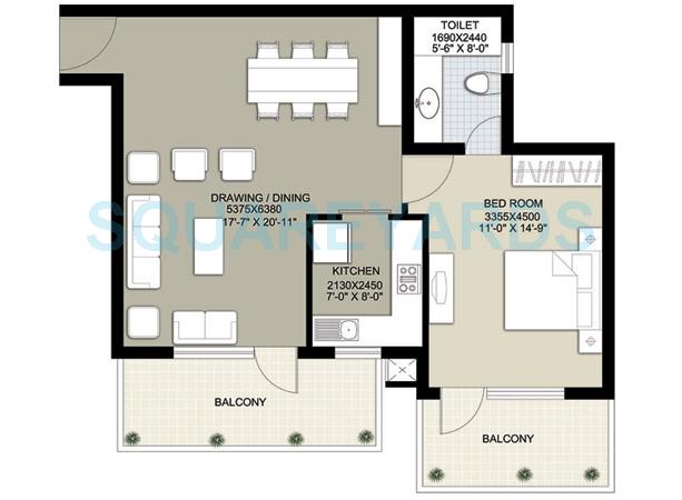 Floor plan of 1 BHK 1100 Sq. Ft. Apartment in Raheja Navodaya, Gurgaon