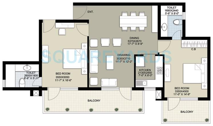 Floor plan of 2 BHK 1498 Sq. Ft. Apartment in Raheja Navodaya, Gurgaon