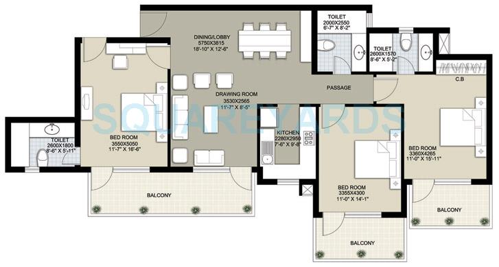 Floor plan of 3 BHK 2350 Sq. Ft. Apartment in Raheja Navodaya, Gurgaon