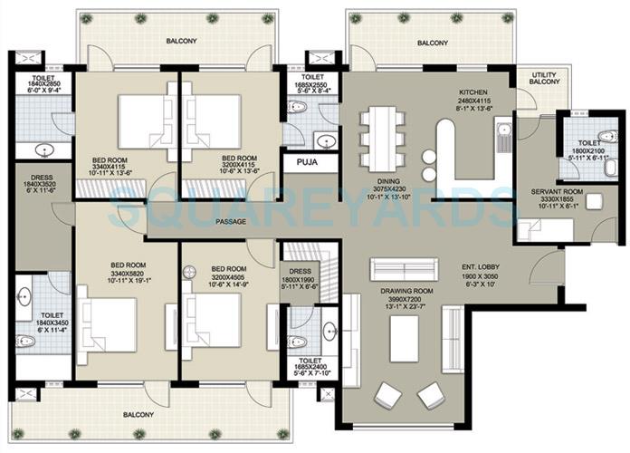 Floor plan of 4 BHK 3100 Sq. Ft. Apartment in Raheja Navodaya, Gurgaon