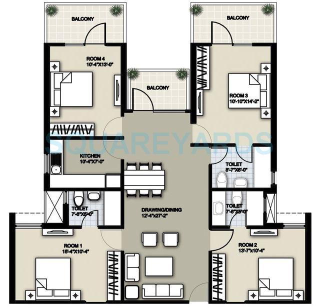 Floor plan of 4 BHK 1850 Sq. Ft. Apartment in Raheja Sampada, Gurgaon
