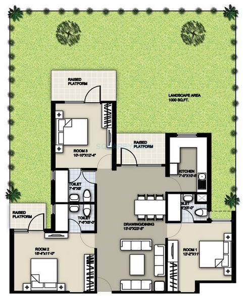 Floor plan of 3 BHK 1572 Sq. Ft. Apartment in Raheja Sampada, Gurgaon