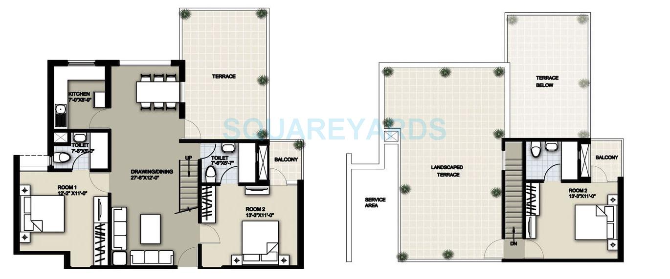 Floor plan of 3 BHK 1485 Sq. Ft. Penthouse in Raheja Sampada, Gurgaon