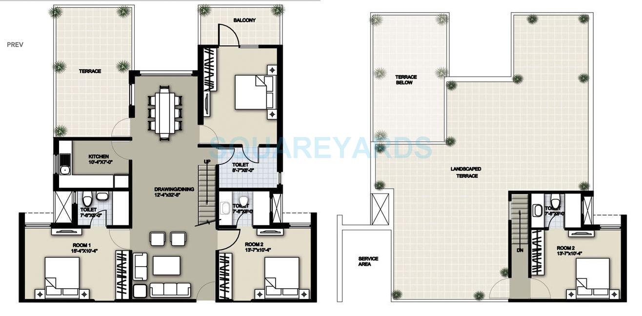 Floor plan of 4 BHK 1908 Sq. Ft. Penthouse in Raheja Sampada, Gurgaon