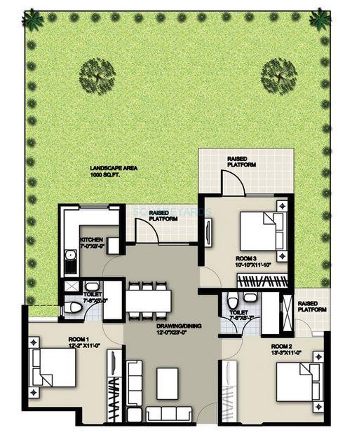 Floor plan of 3 BHK 1370 Sq. Ft. Apartment in Raheja Sampada, Gurgaon