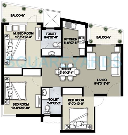Floor plan of 3 BHK 1302 Sq. Ft. Apartment in Raheja Shilas, Gurgaon
