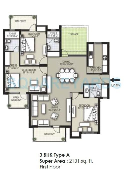 Floor plan of 3 BHK 2131 Sq. Ft. Ind Floor in Raheja Shilas Independent Floors, Gurgaon