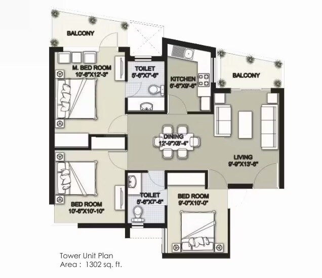 Floor plan of 3 BHK 1302 Sq. Ft. Ind Floor in Raheja Shilas Independent Floors, Gurgaon