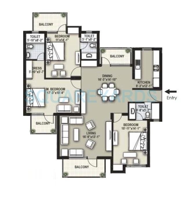 Floor plan of 3 BHK 1953 Sq. Ft. Ind Floor in Raheja Shilas Independent Floors, Gurgaon