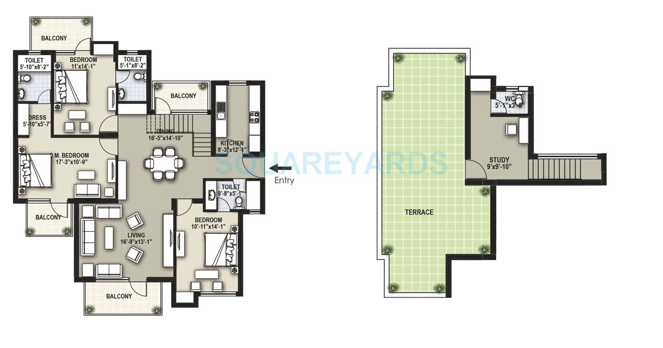 Floor plan of 3 BHK 2317 Sq. Ft. Ind Floor in Raheja Shilas Independent Floors, Gurgaon