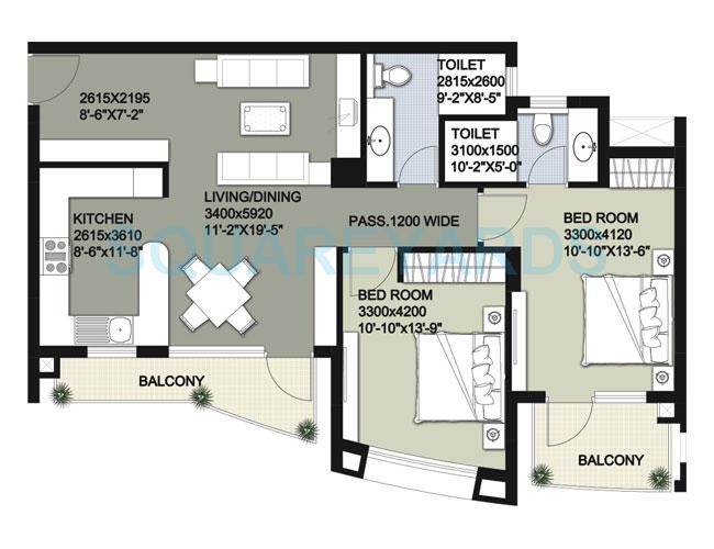 Floor plan of 2 BHK 1365 Sq. Ft. Apartment in Raheja Vedaanta, Gurgaon