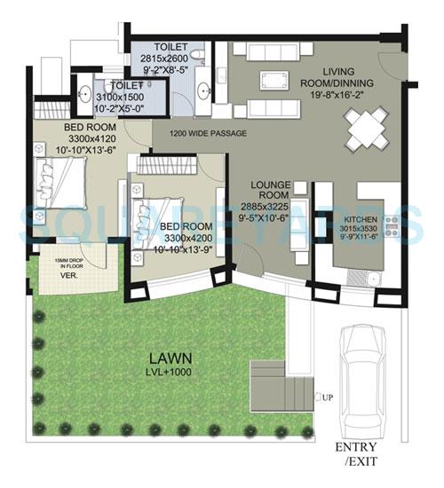 Floor plan of 2 BHK 1963 Sq. Ft. Apartment in Raheja Vedaanta, Gurgaon
