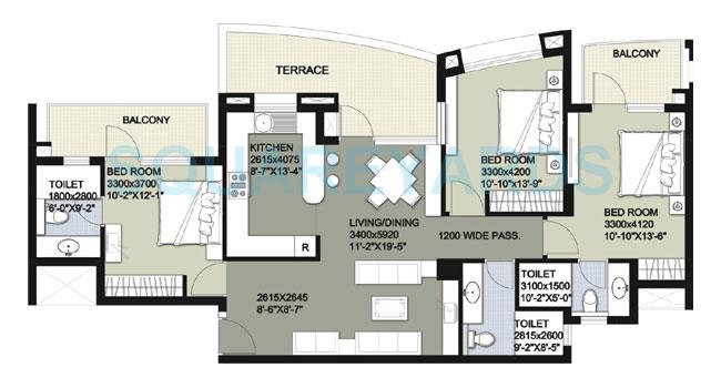 Floor plan of 3 BHK 1833 Sq. Ft. Apartment in Raheja Vedaanta, Gurgaon