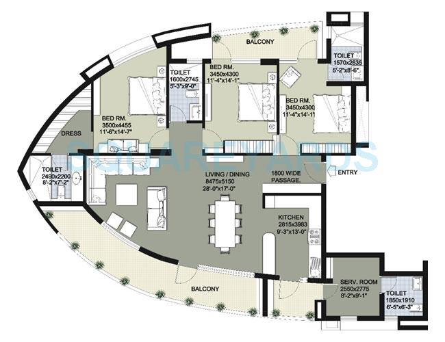 Floor plan of 3 BHK 2393 Sq. Ft. Apartment in Raheja Vedaanta, Gurgaon