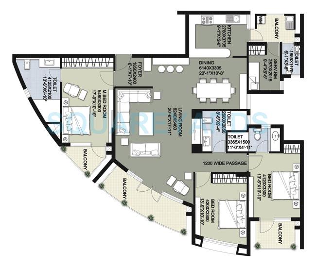 Floor plan of 3 BHK 2490 Sq. Ft. Apartment in Raheja Vedaanta, Gurgaon