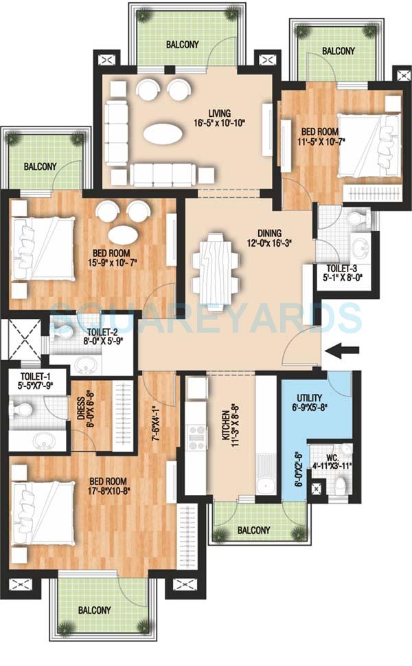 Floor plan of 3 BHK 2226 Sq. Ft. Ind Floor in Raheja Vedaanta Floors, Gurgaon