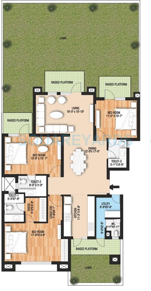 Floor plan of 3 BHK 2175 Sq. Ft. Ind Floor in Raheja Vedaanta Floors, Gurgaon