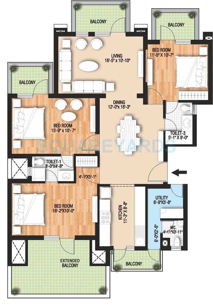 Floor plan of 3 BHK 1930 Sq. Ft. Ind Floor in Raheja Vedaanta Floors, Gurgaon