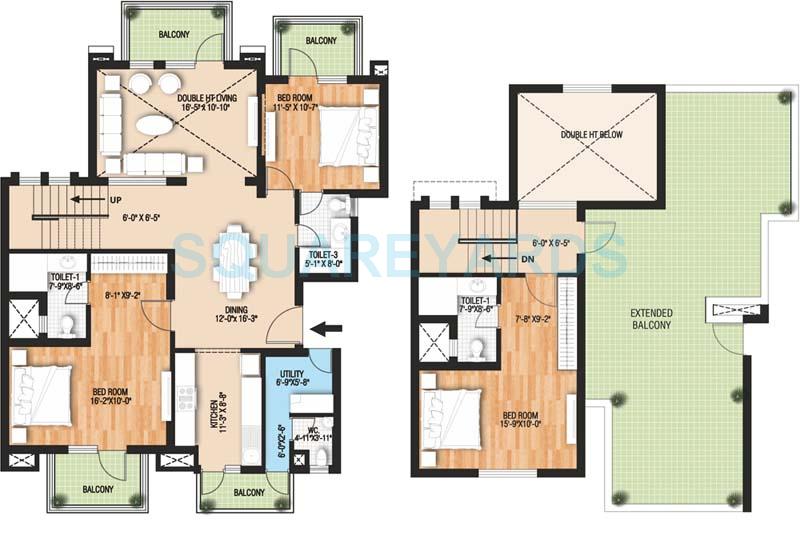 Floor plan of 3 BHK 2610 Sq. Ft. Ind Floor in Raheja Vedaanta Floors, Gurgaon