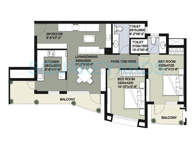 Floor plan of 2 BHK 1432 Sq. Ft. Apartment in Raheja Vedas, Gurgaon
