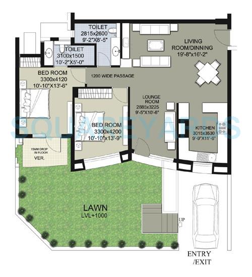 Floor plan of 2 BHK 1953 Sq. Ft. Apartment in Raheja Vedas, Gurgaon